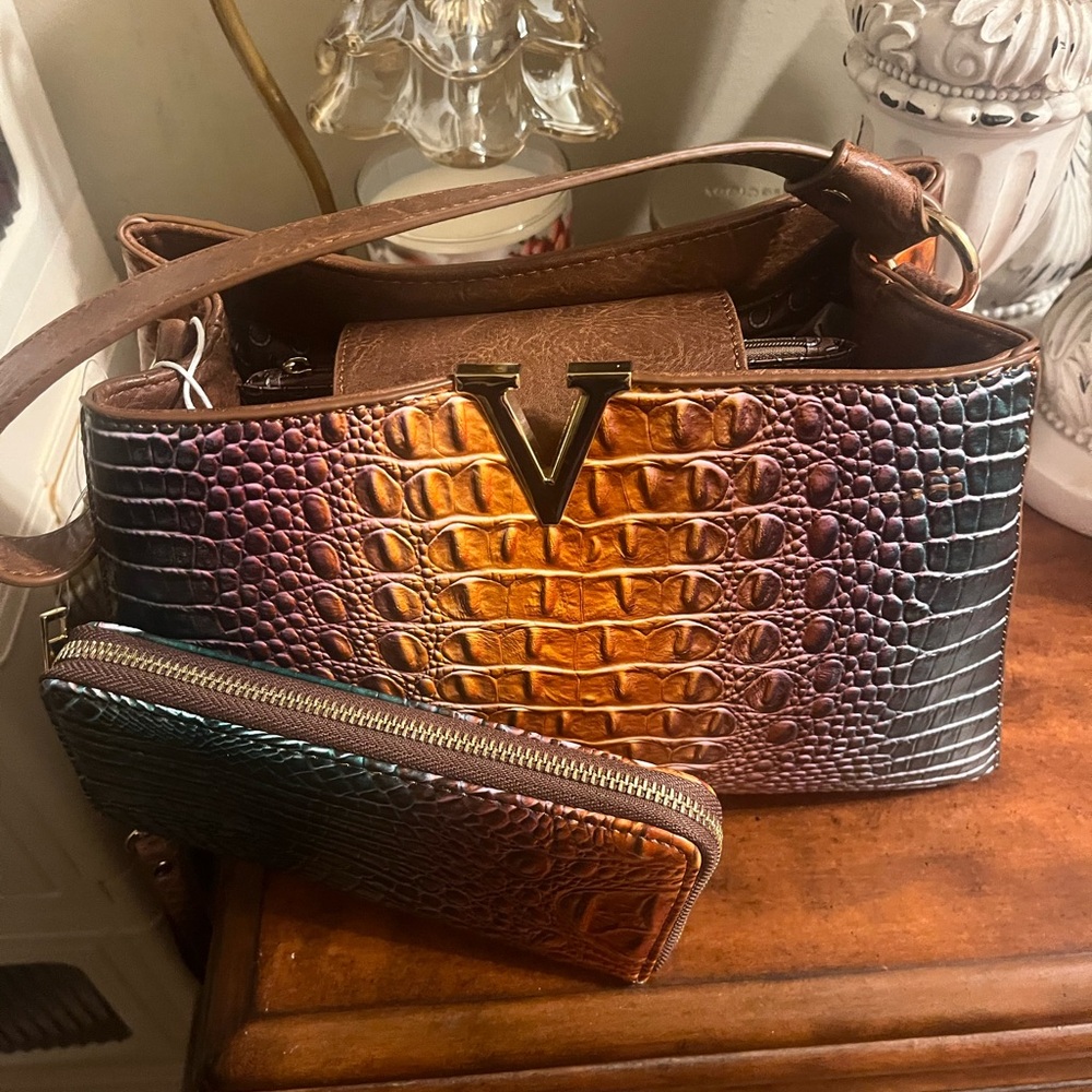 Brown/Tan Croc Embossed Satchel w/ Gold “V” + Matching Wallet